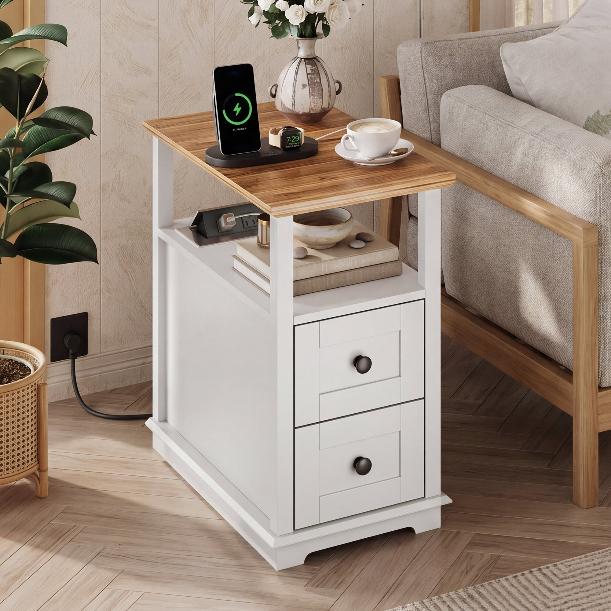 GALAXHERO Narrow Side Table with Charging Station Wooden End Table with 2 Drawers for Living Room, Bedroom, Small Space White