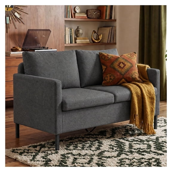 51'' Dark Grey Loveseat, 2-Seater Linen Sofa - Small Couch for Apartment, Living Room