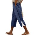 thumbnail image 3 of Capri Pants for Women Casual Cotton Linen Trousers Lightweight Drawstring Elastic Waist Pants with Pockets, #02 Blue, XL, 3 of 5