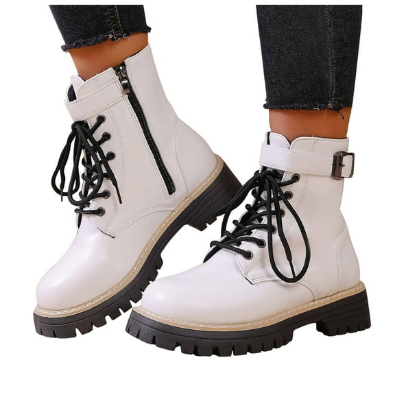 Winter Combat Boots for Women Waterproof Leather Lace up Trendy Buckle Ankle Strap Lug Sole Zipper Short Snow Booties