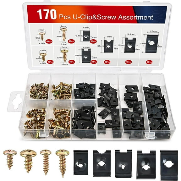 Nilight 170Pcs Car U-Clip and Screw Assortment Kit 9 Different Sizes Automotive U Nut and Screw Clip Replacement Parts for Dash Door Panel Interior