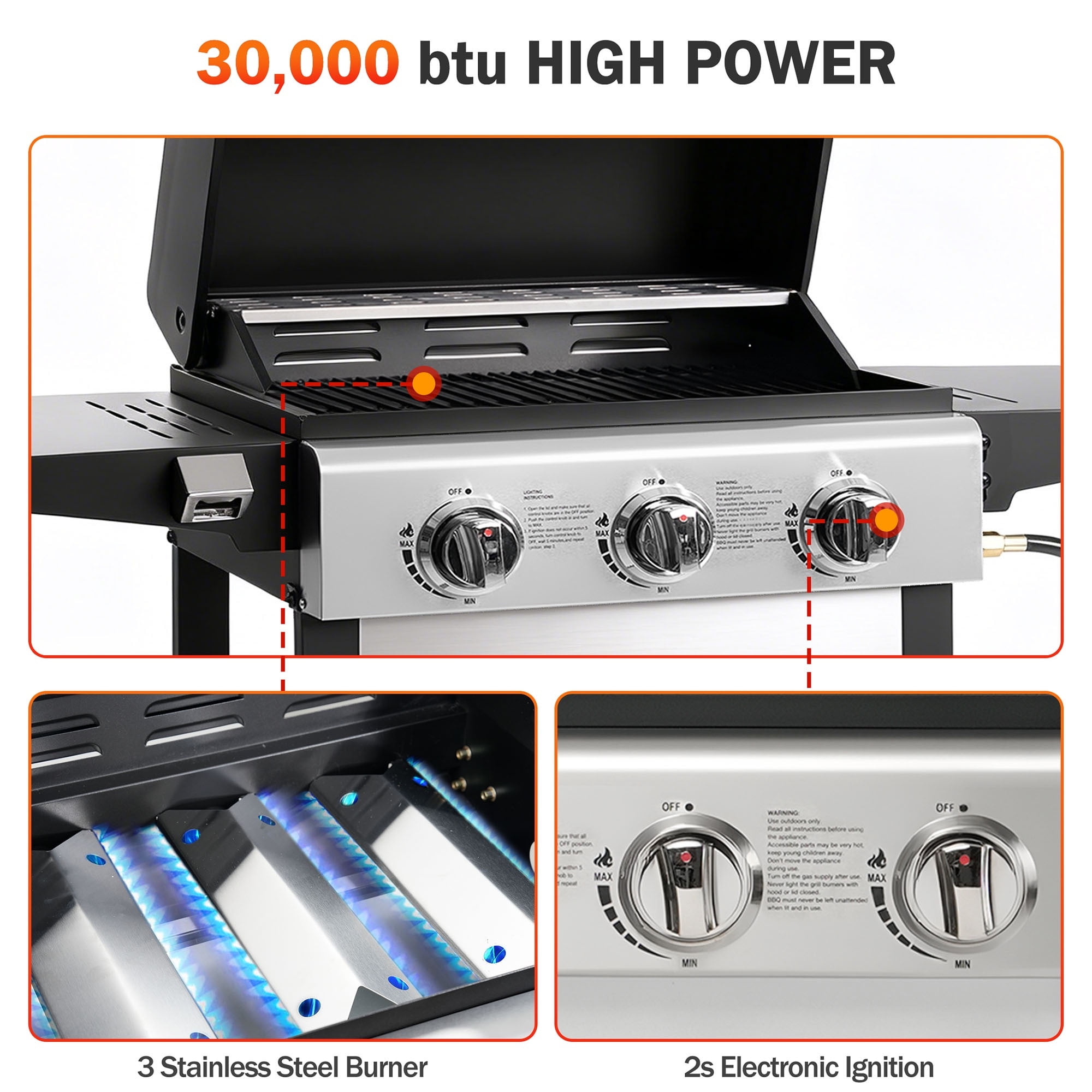 BBQ Grill, Seizeen 30,000 BTU 3-Burner Gas Grill Portable, Backyard Camping Propane Grill with  Daul Zone, Foldable Table, Hanging Basket, Steel Brush, Universal Wheels