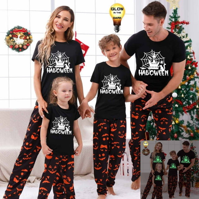 TIMIFIS Pyjamas d'Halloween Assortis pour la Famille Ensemble 2 Pcs Pyjamas Lumineux dans le Noir Combinaison de Nuit Toile d'Araignée Fantômes Citrouille Squelette Arbre Haut et Pantalon Tenue de Maison 12-18 Mois