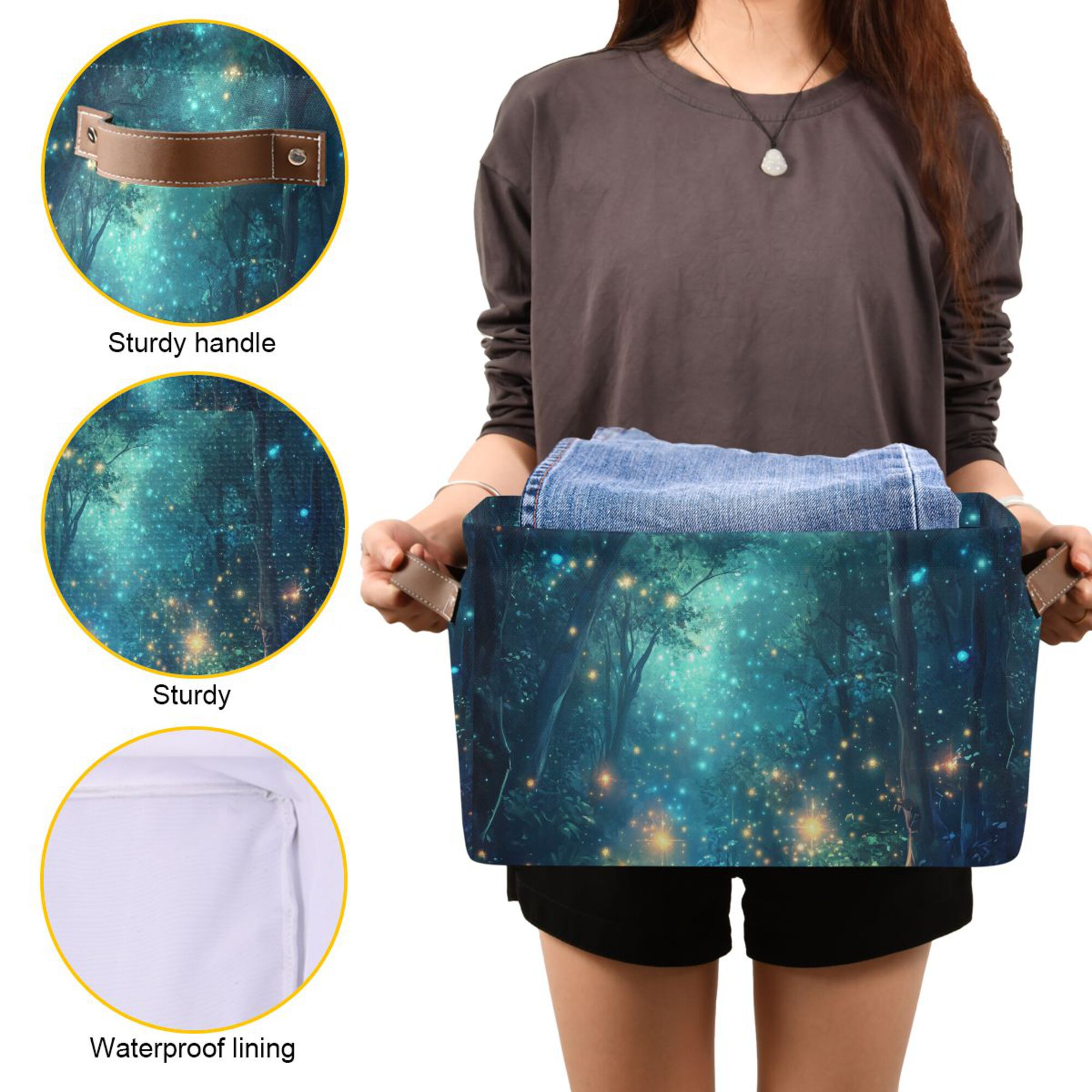 Yayeee Canvas Storage Basket with Handles for Shelves Fabric Bins Closet Organizer, Magical Forest Glowing Lights