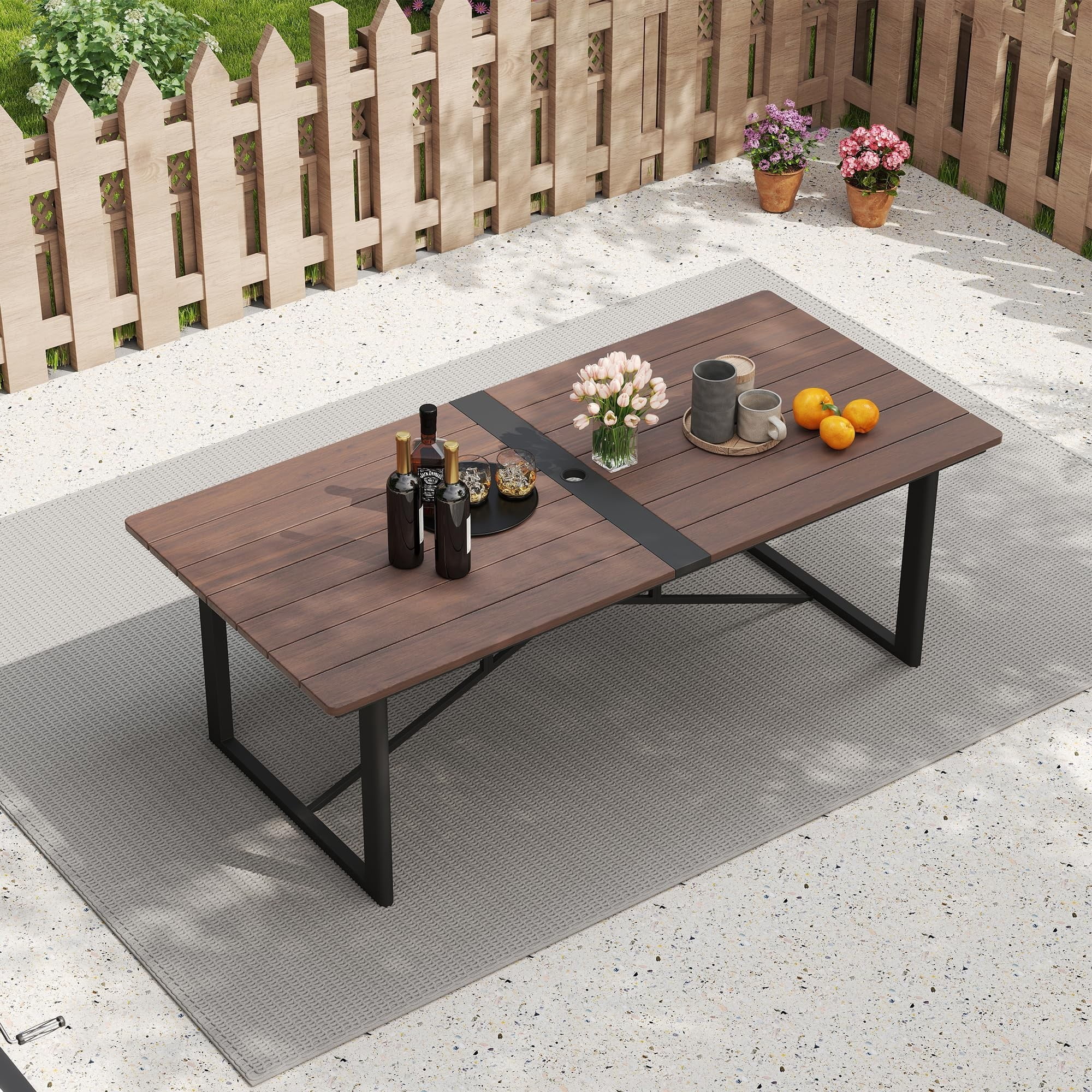 Outdoor Acacia Wood Dining Table for 8, Large Patio Table with Aluminum Frame & Umbrella Hole, Rectangle Outdoor Dining Table for Backyard Deck Garden
