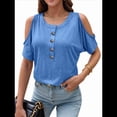 thumbnail image 1 of Blusas con Hombros Descubiertos para Mujer, Grandes, Cuello en V, Corta, Ropa de Verano, Túnicas Abotonadas, Azul, 4XL, 1 of 7