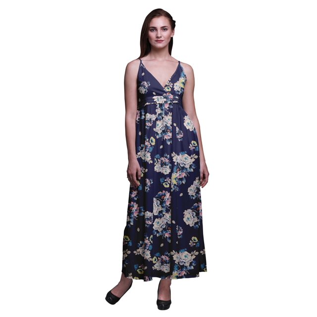 Bimba Robe Longue Maxi Bohème à Bretelles Sans Manches Imprimée Florale pour Femme - Moyen