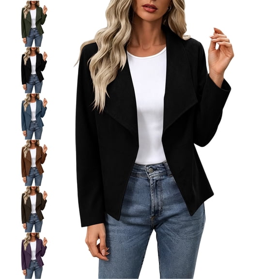 TGSLY Women's Faux Suede Jackets Fashion Fall Lapel Open Front Cropped Coat Dressy Casual Solid Color Long Sleeve Outwear Jackets S