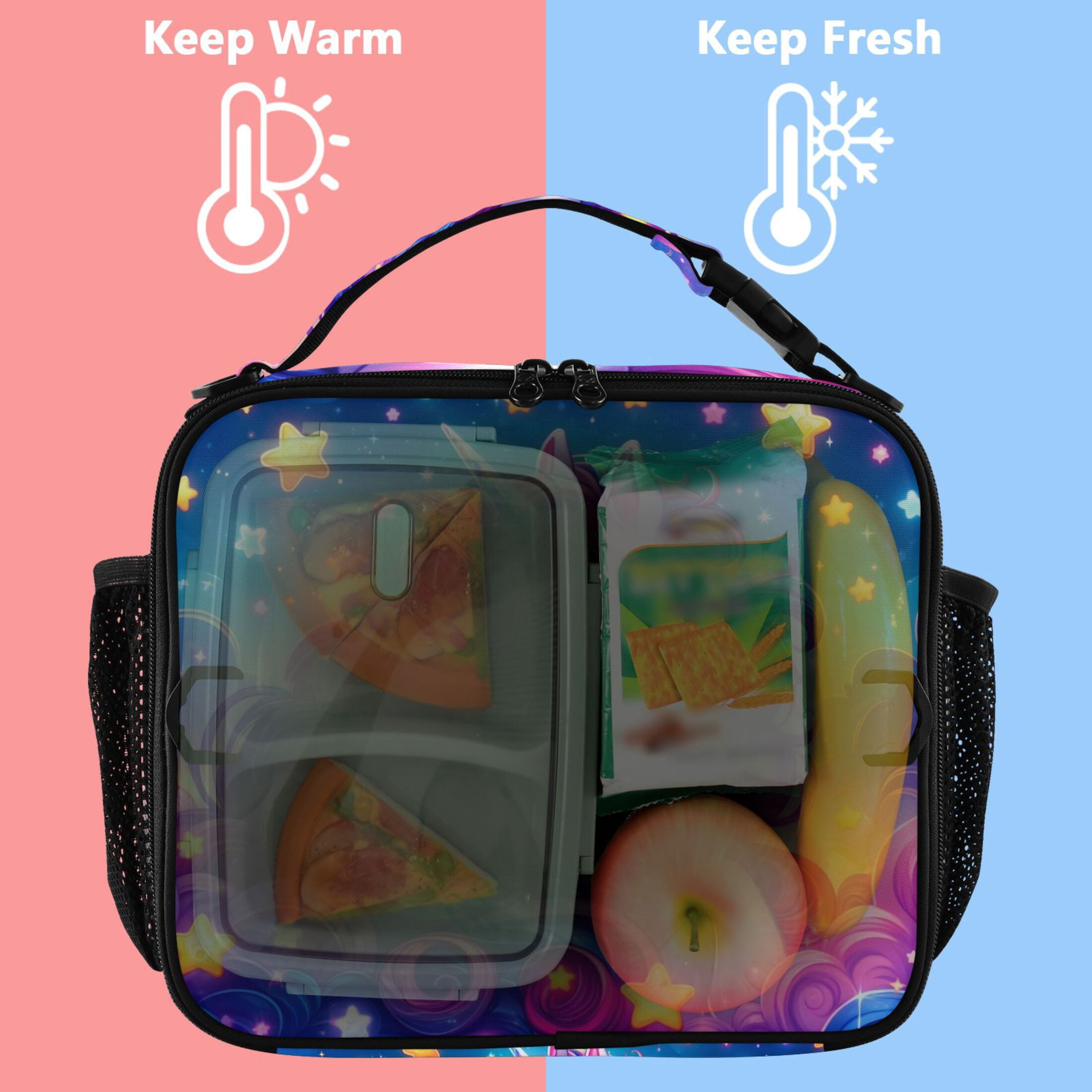 ALAZA Cartoon Unicorn Rainbow Stars Lunch Box Insulated Lunch Bag Cooler Tote with Shoulder Strap