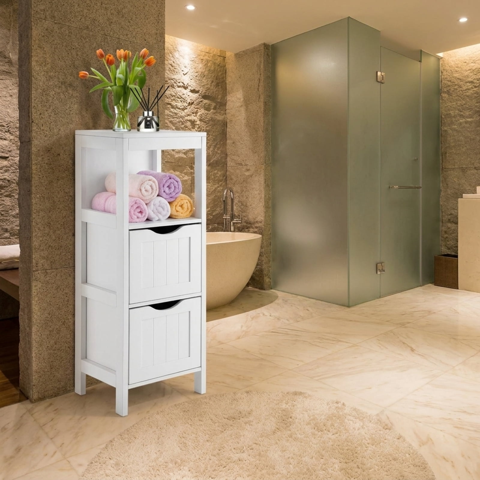 SUGIFT Freestanding Bathroom Storage Cabinet with 2 Removable Drawers, Narrow Wood Floor Storage Cabinet with Open Shelves, Slim Accent Cabinet for Bathroom Kitchen, White