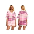 thumbnail image 3 of FOCUSNORM Women Pajamas Set 2 Pieces Loungewear Suits Stripe Contrast Color Button Crochet Knit Tops and Shorts Lounge Sets, 3 of 9