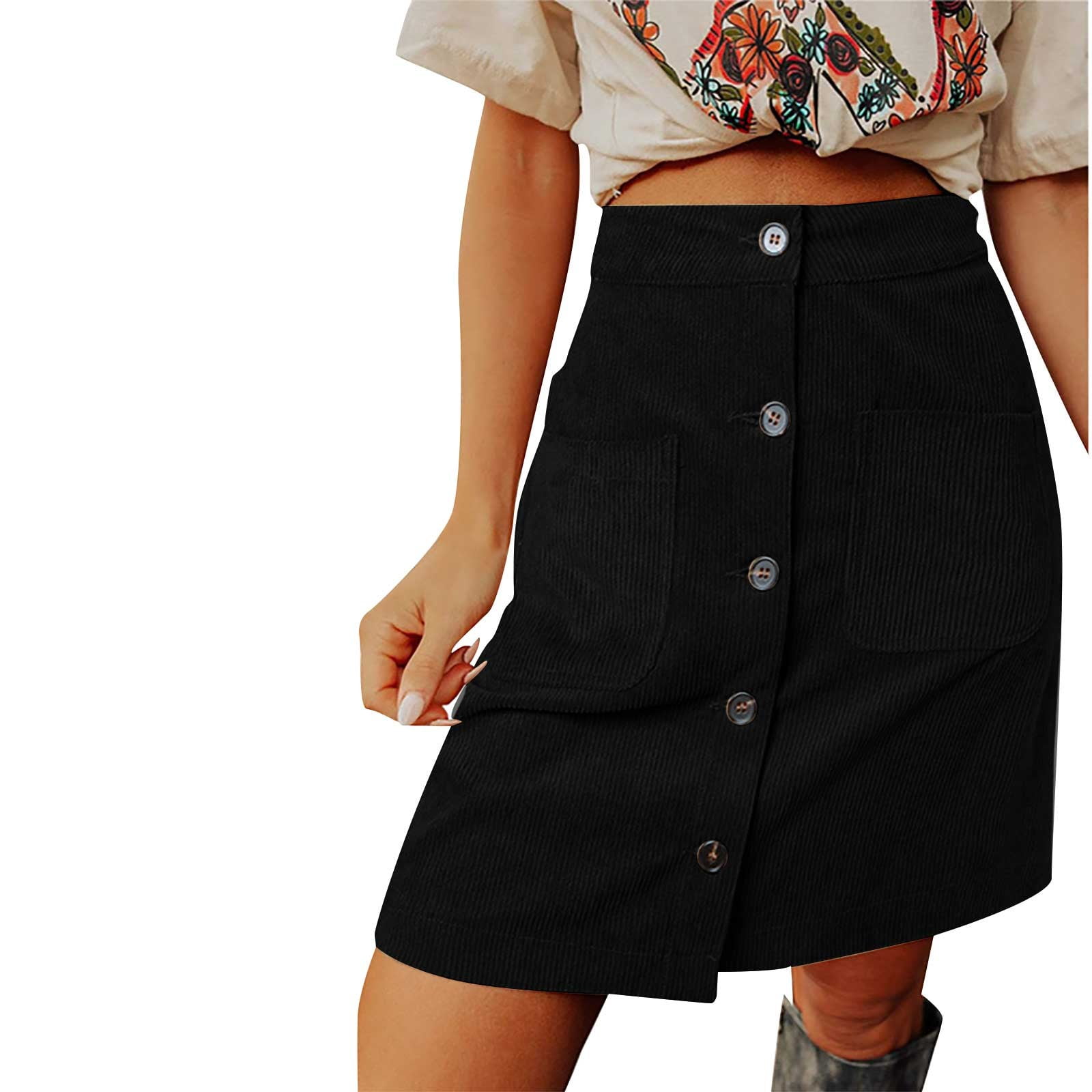 Fankiway Women s Button High Waist Tight Solid Pocket Retro Pleated Midi Skirt