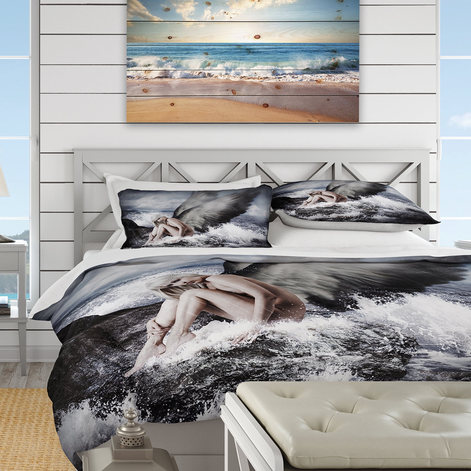 Designart 'Angel Resting By Crashing Waves' Nautical & Coastal Duvet Cover Set
