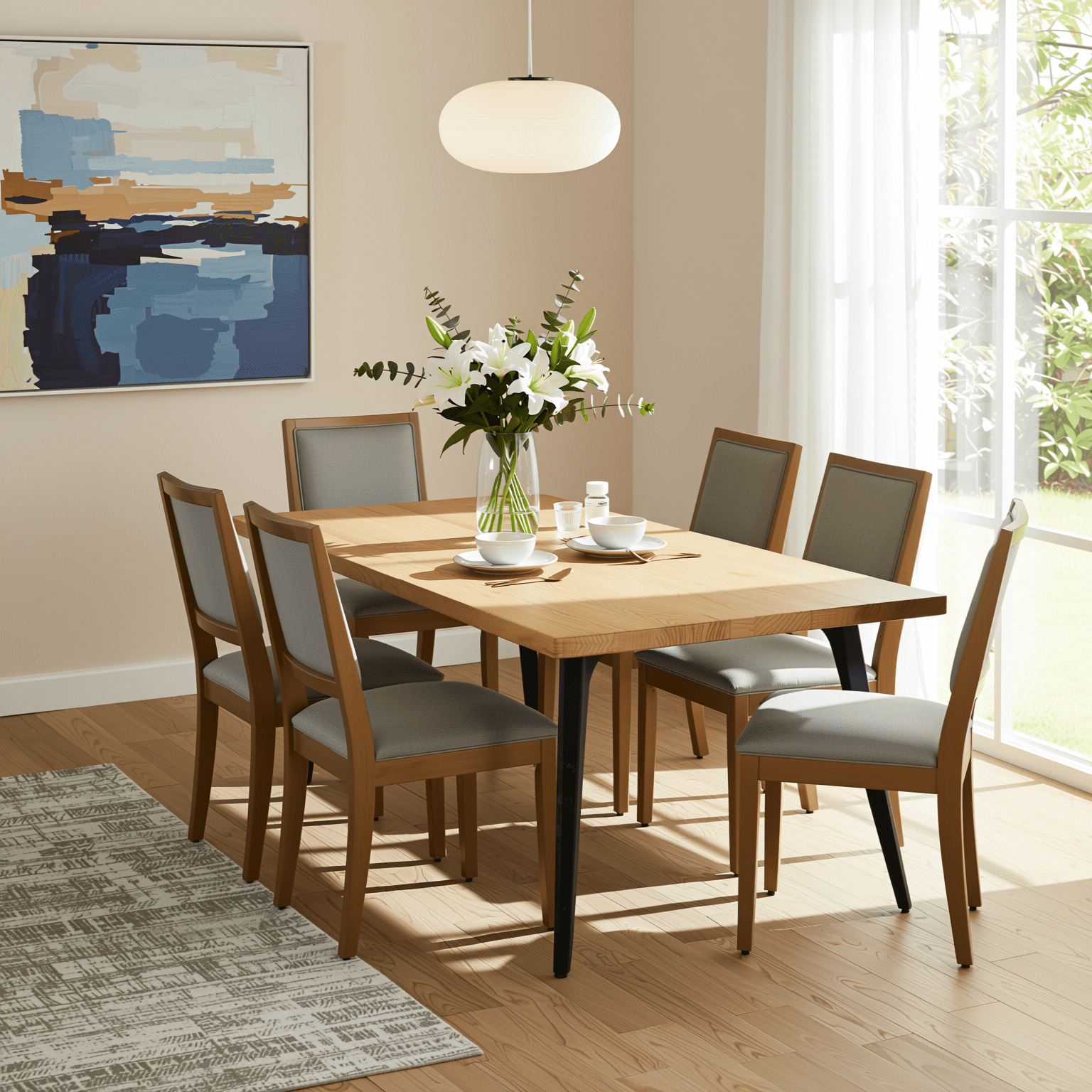 Homy Casa 63" Natural Rectangular Dining Table for 4-6 with Black Metal Legs