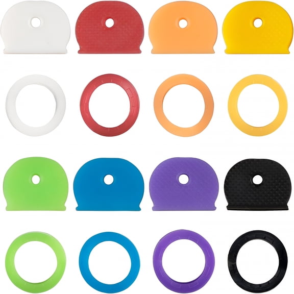 LAMIRO 16 Pack Key Covers Caps Tags Set, Key Color Identifiers Coding Covers in 8 Assorted Colors for Standard Flat House Keys, Key Cap Key Ring Set in 2 Styles