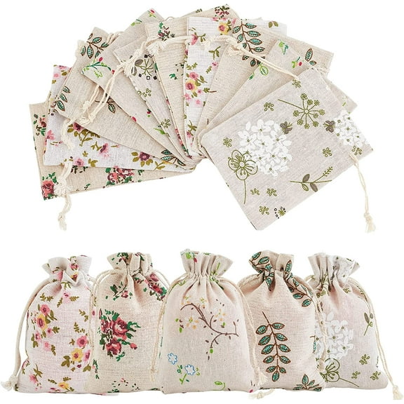 40pcs Burlap Drawstring Bags Printed Flower Leaf Gift Bags Advent Calendar Bags Packing Pouches Wedding Favors Bag for DIY Jewelry Coffee Beans Wedding Party Shower Birthday Christmas