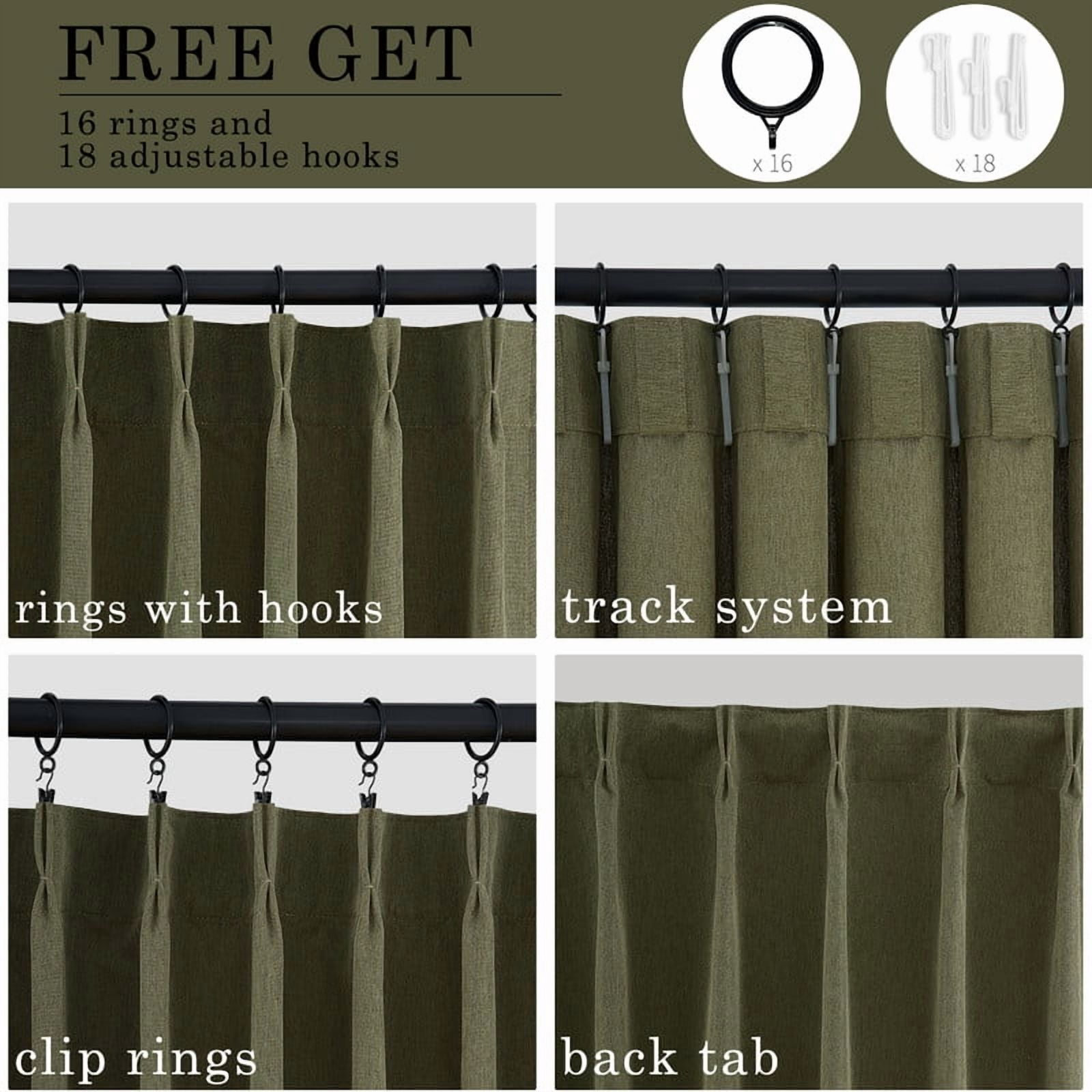 Topfinel Light Filtering Curtains Natural Pinch Pleated Drapes Back Tab Pinch Pleat Hooks Rings Window Treatments for Living Room Bedroom, Green, 40x96 inch, 2 Panels
