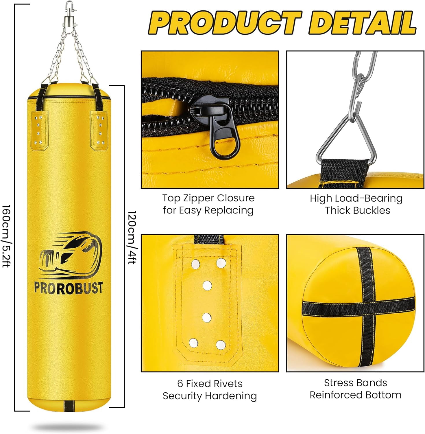 Prorobust Punching Bag for Adults, 4ft Yellow PU Heavy Boxing Bag Set with 12oz Gloves for MMA Kickboxing Boxing Karate Home Gym Training (Unfilled)