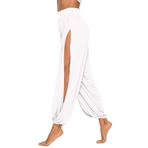Womens High Slit Side Harem Pants, Elastic Waist Loose Flowy Summer Yoga Beach Lounge Trousers White 2XL