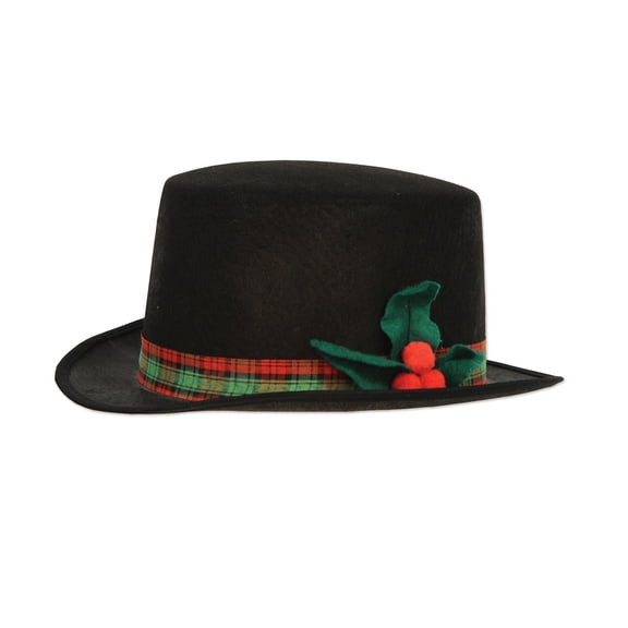 Adult size Black Christmas Caroler Hat Plaid Band and Felt Holly (1/Pkg)