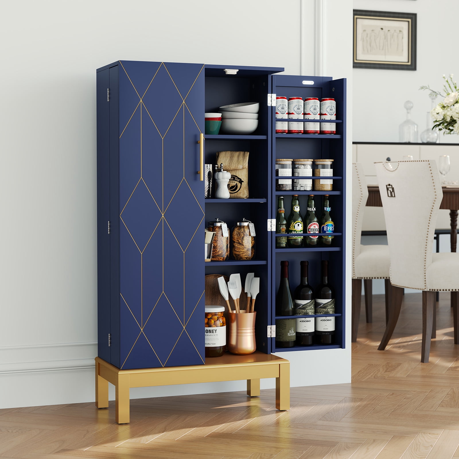 HLR 45" Kitchen Pantry Cabinet with Doors and Adjustable Shelves, Food Storage for Dining Room, Navy Blue