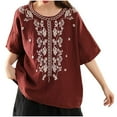 thumbnail image 3 of DDAPJ pyju Floral Embroidered Tops for Women Dressy Casual Round Neck Blouses Cotton Linen Short Sleeve T Shirts Ofertas Prime Wine XXL, 3 of 6