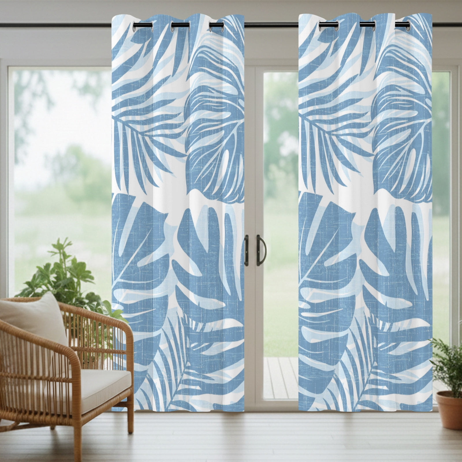 Coastal Blue Palm Leaves Outdoor Curtains for Patio, Tropical Botanical Minimalist Modern Sunshade Privacy Drapes Grommet Waterproof Outside Curtains for Porch/Cabana/Balcony 54"x 108", 1 Panel
