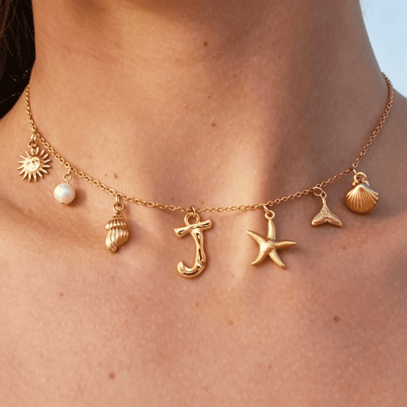 DESIGNICE Initial Charm Necklace for Women Shell Seashell Summer Beach Letter 14K Gold Plated Pendant Starfish Surfer Boho Jewelry Gifts Shell Necklace
