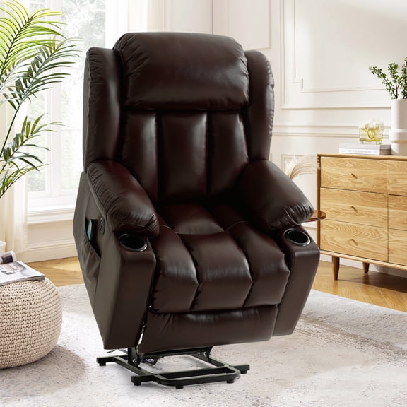 INGALIK Power Lift Recliner, Leather Electric Chair Recliners with Heating and Massage, Cup Holders, Storage, USB Charging (Brown)