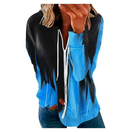 

Scrub Jacket Women Casual Long Sleeve Zip-Up Hoodie Stitching Color Print Teen Girls Coat