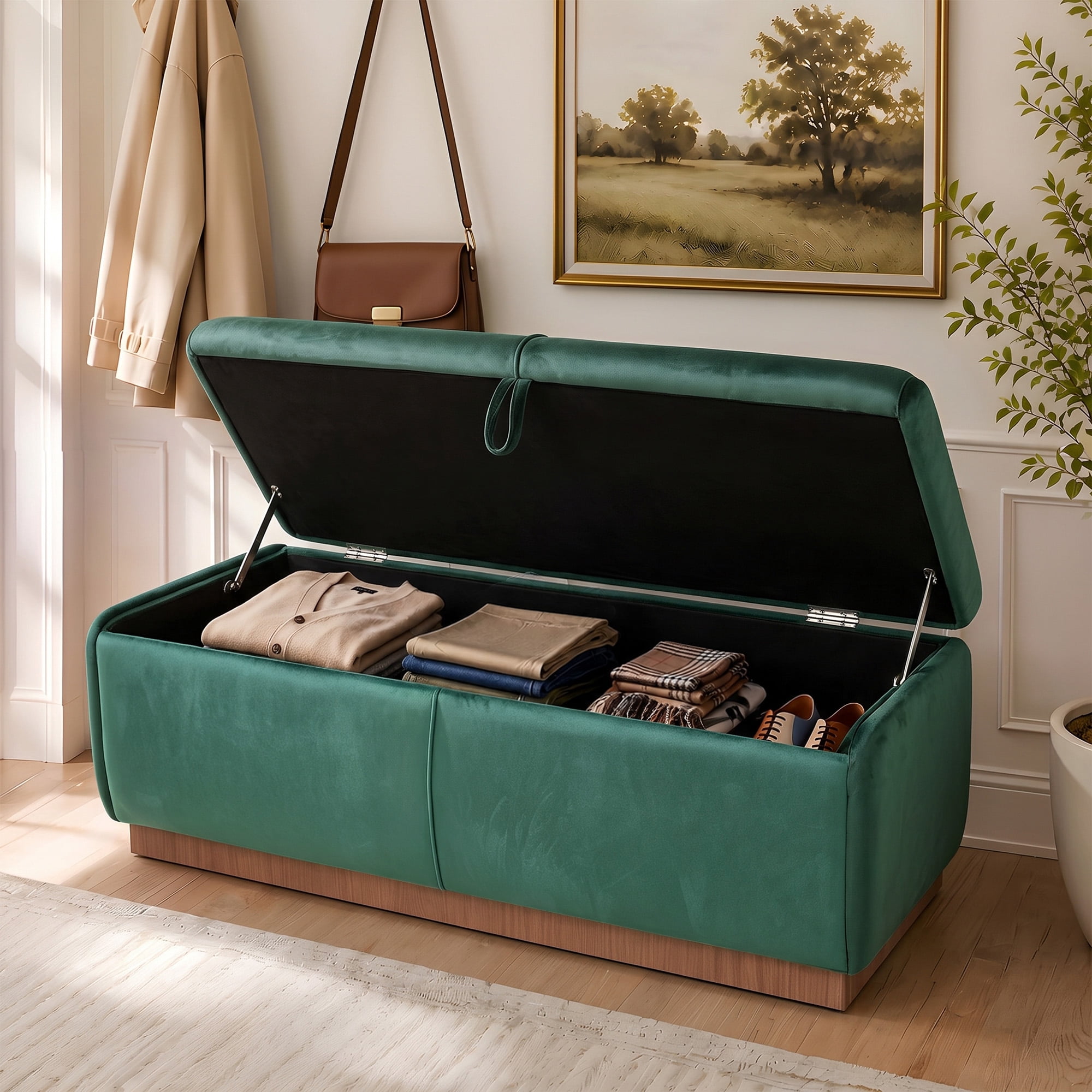 Euroco 47.2" Storage Ottoman Bench,Upholstered Footrest Entryway Bench, End of Bed Bench for Living Room Bedroom,Green