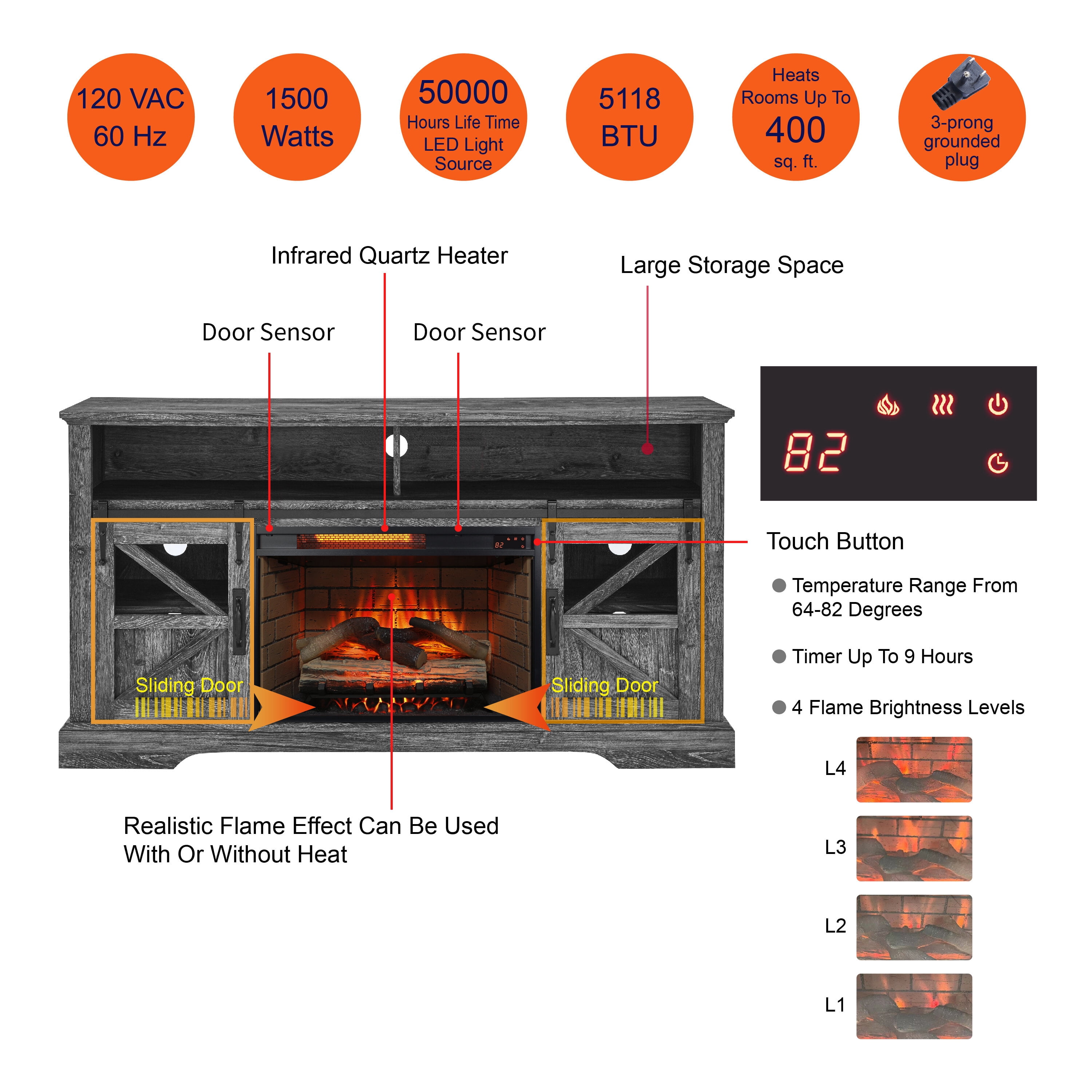Electric Indoor Fireplaces, 60 Inch Electric Fireplace Entertainment Center With Door Sensor-Dark Rustic Oak, Dark Oak Indoor Fireplaces,Wood+Stainless Steel+Glass Fireplace Tools Set