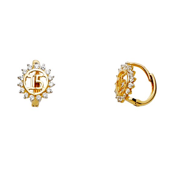 14k Yellow Gold Cubic Zirconia Quinceanera Sweet 15 Years Hugging Earrings 10x10mm Stud Earring for Women