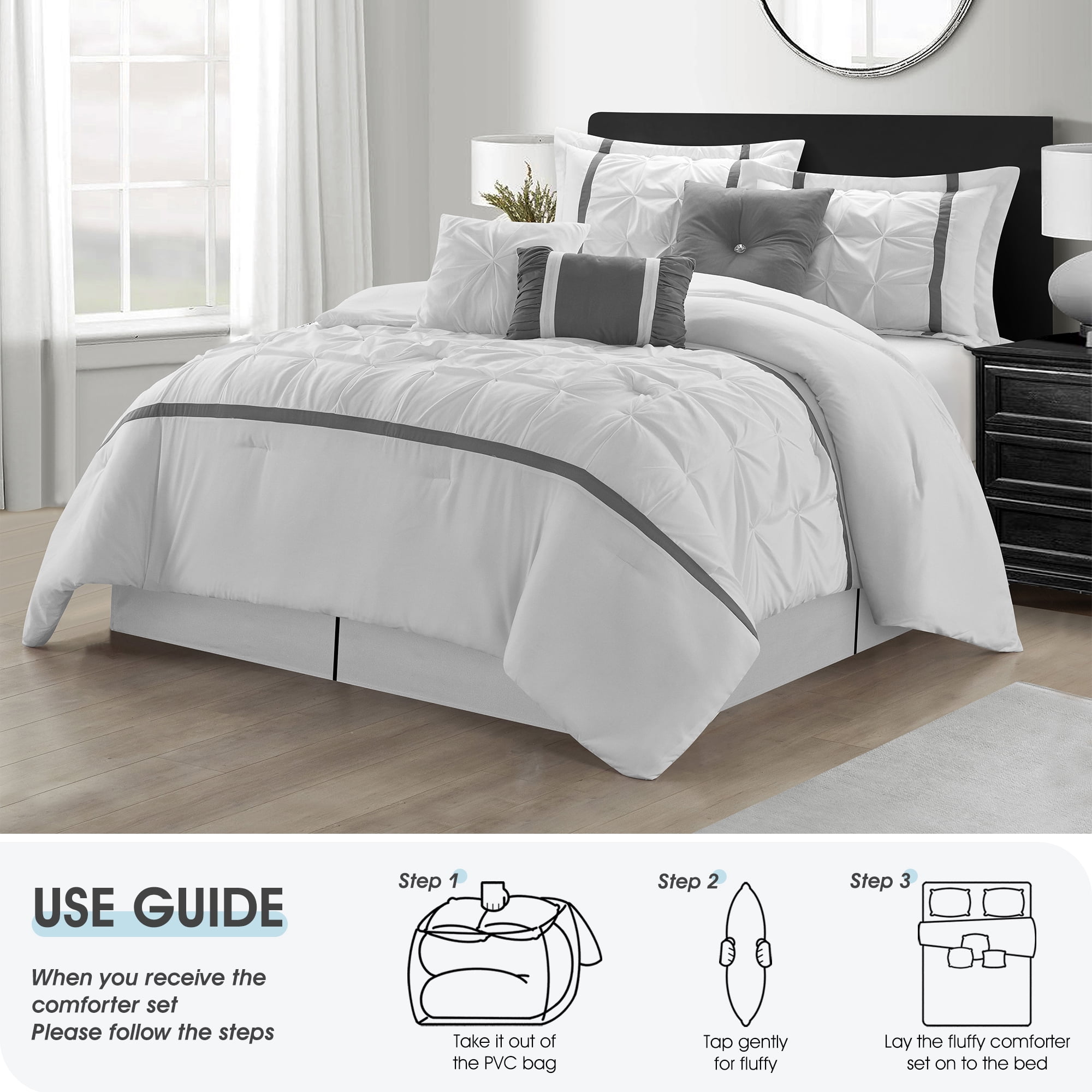 Lanco Selene Solid Print 7 Piece Queen Comforter Set , White, Fill Polyester, Patchwork, Premium Lightweight Microfiber