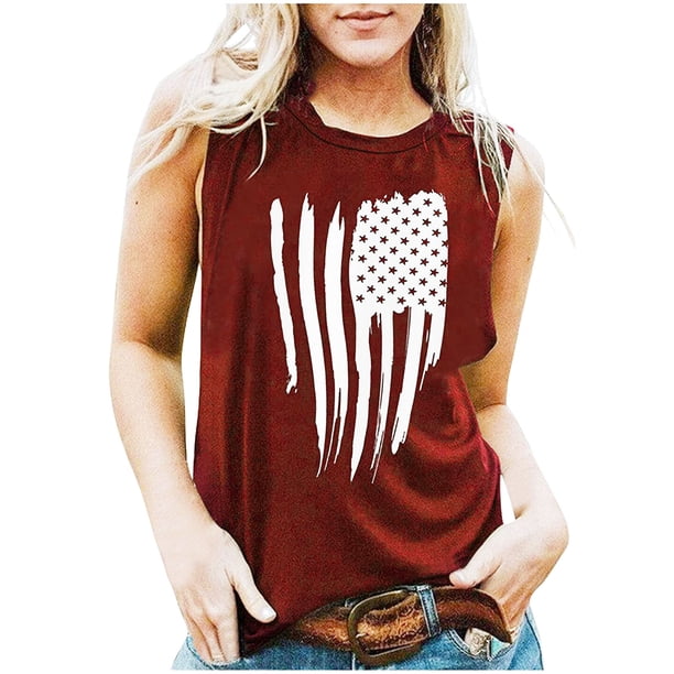Camisetas sin mangas con estampado de bandera del Día de la Independencia sin mangas con cuello redondo para mujer a la moda Pompotops lopia988709