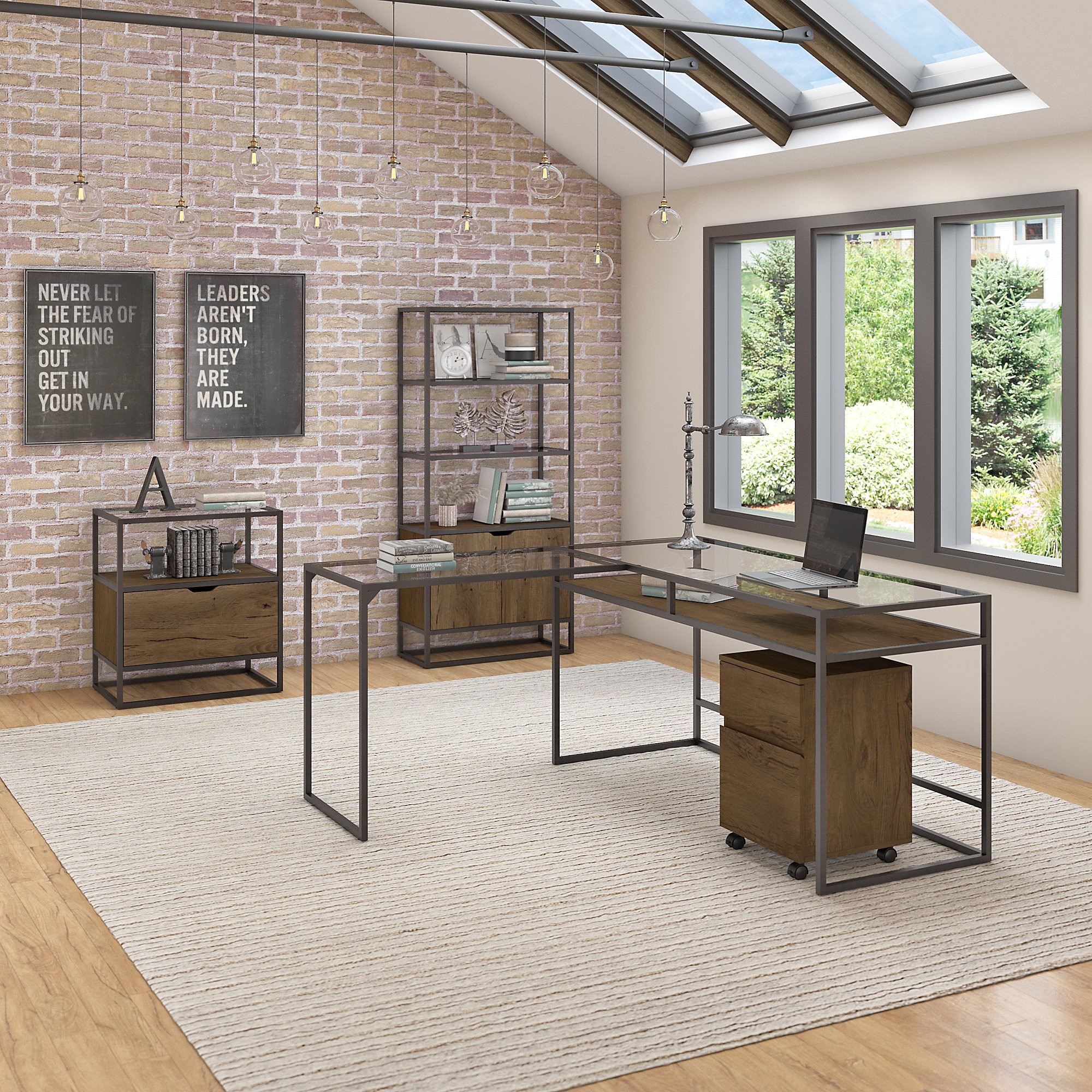 Bush Furniture Anthropology 60W Glass Top L Shaped Desk with Bookcase