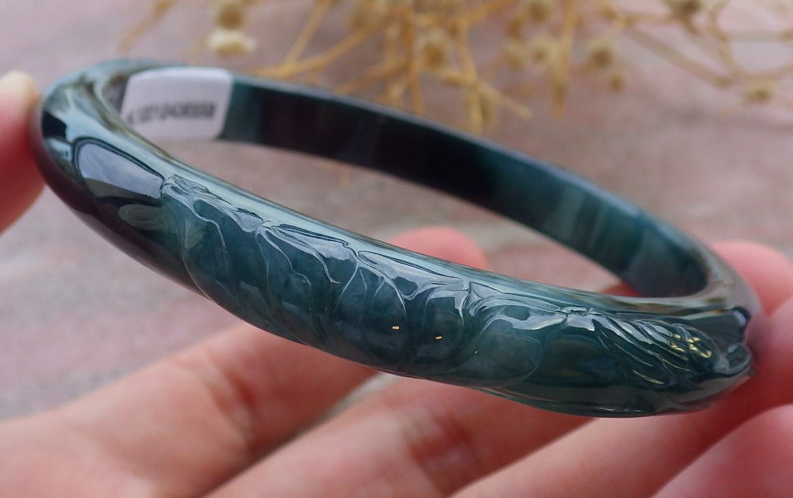 Icy Green Natural A JADE Jadeite Bird Leaf Flower Bangle Bracelet 58 mm 684011 TN