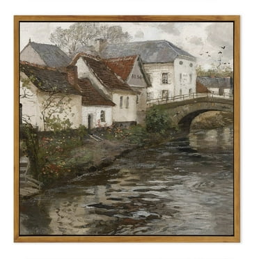 10x10in Natural Framed Landscape Canvas Wall Art Vintage Framed Town Classic Wall Prints Modern Farmhouse Bathroom Hallways Kitchens Office Decor