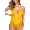 thumbnail image 4 of One Piece Maternity Swimsuits Ruffle Flounce Swimwear Falbala Halter Monokini Deep V Neck Bathing Suits Yellow (L, 4 of 7