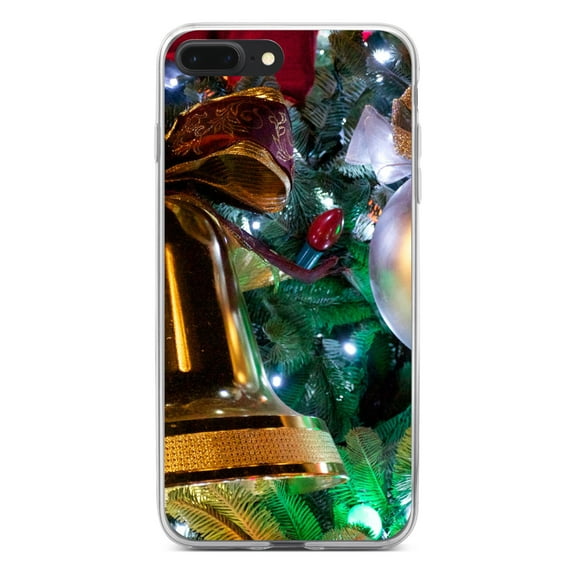 DistinctInk Clear Shockproof Hybrid Case for iPhone 7 PLUS / 8 PLUS (5.5" Screen) - TPU Bumper, Acrylic Back, Tempered Glass Screen Protector - Christmas Ornaments Bell - Christmas All Year