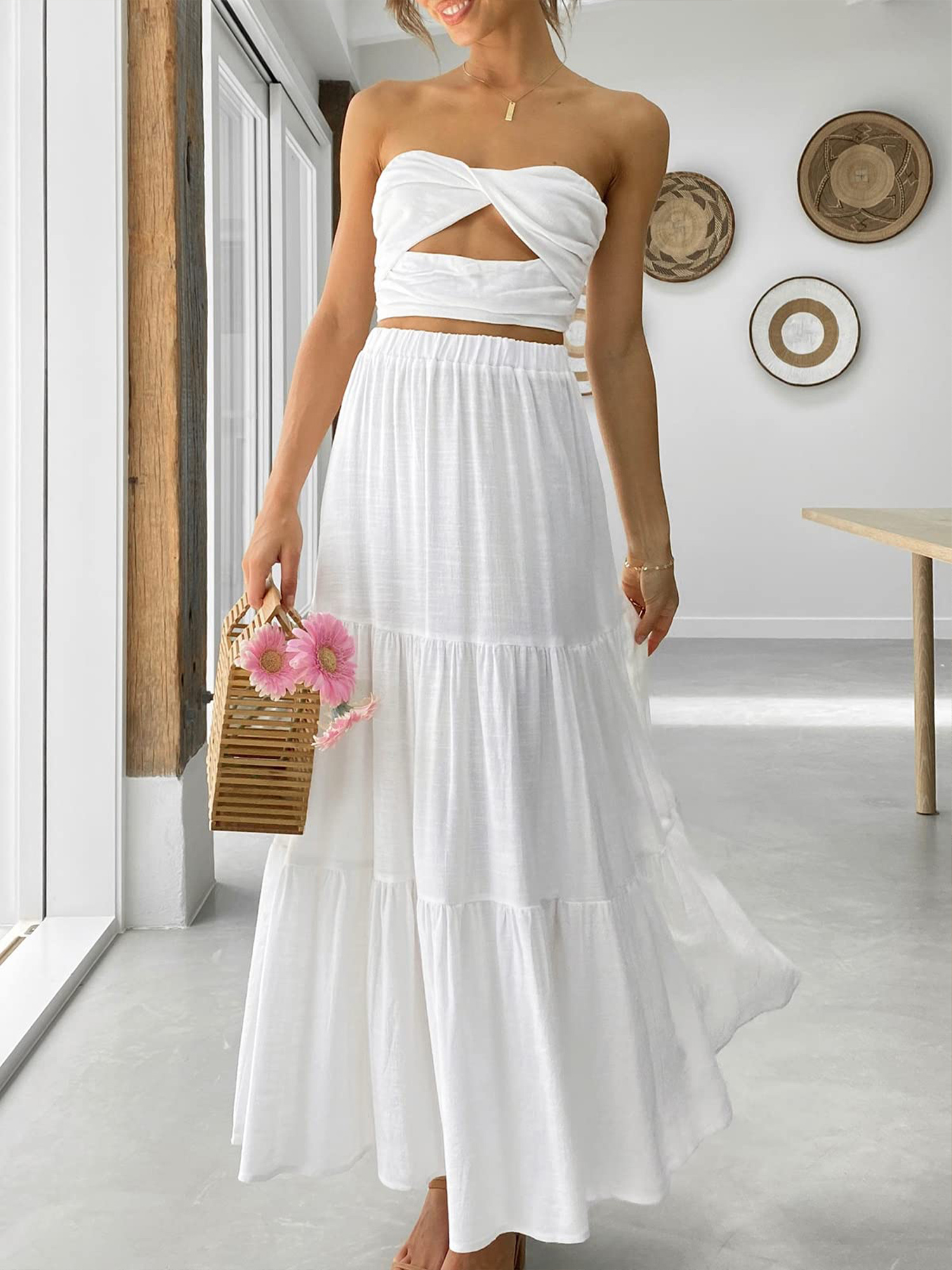 TEMOFON Midi Pleated Skirts for Women with Lining Elastic High Waist with Pockets Maxi A Line Linen Summer Clothes Trendy Flowy White M