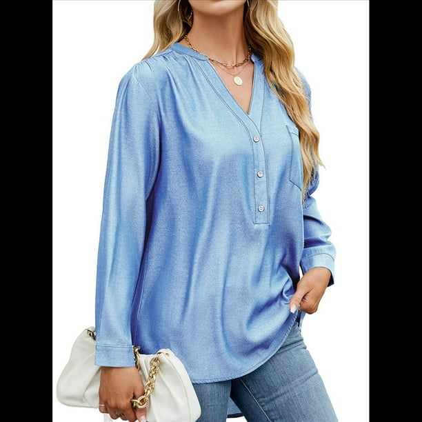 Blusas Tipo Túnica Informales Holgadas con Cuello en V y Larga para Mujer con Bolsillo Azul S