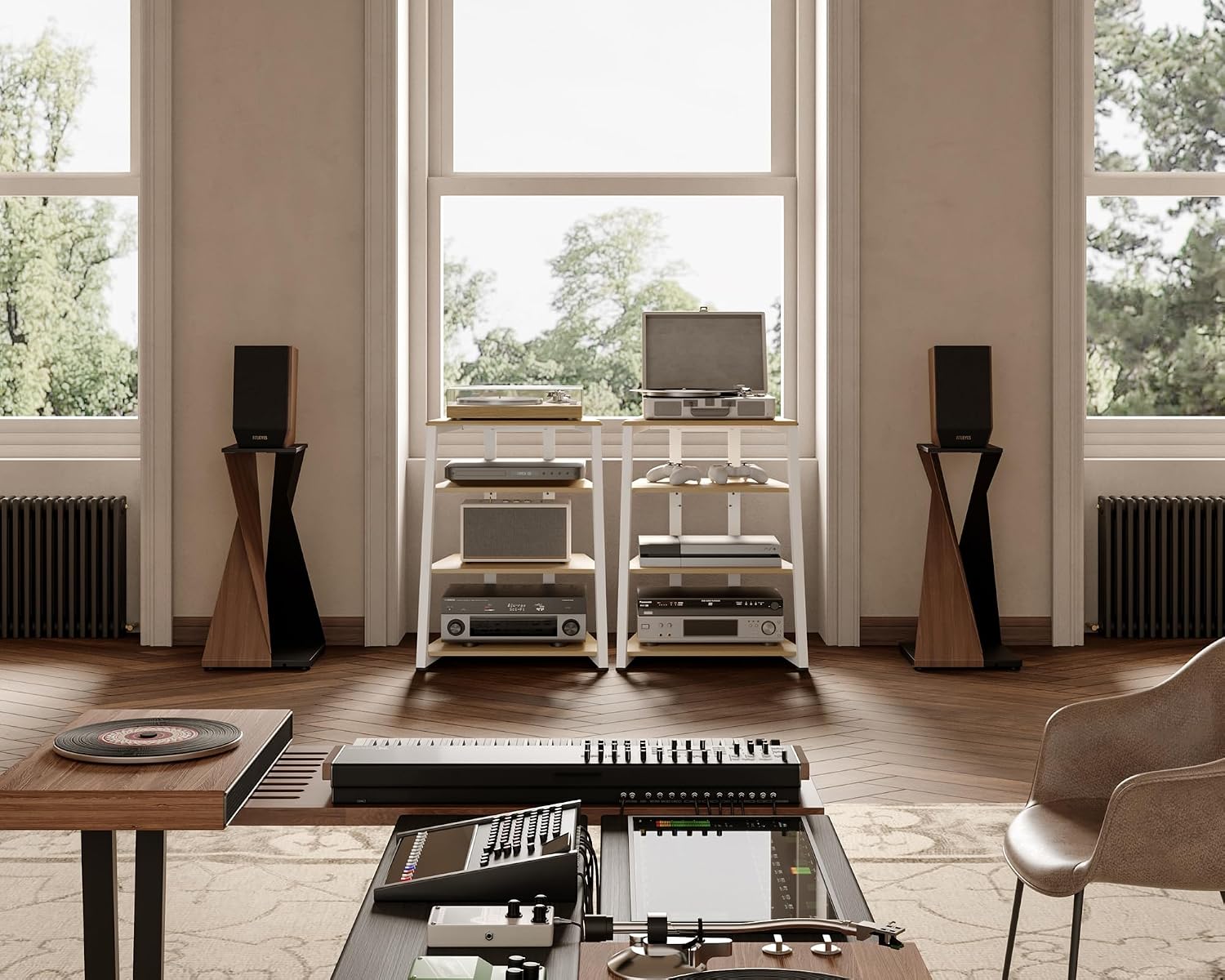 FITUEYES 4-Tier Stereo Cabinet with LED Backlight, Adjustable Shelves, White