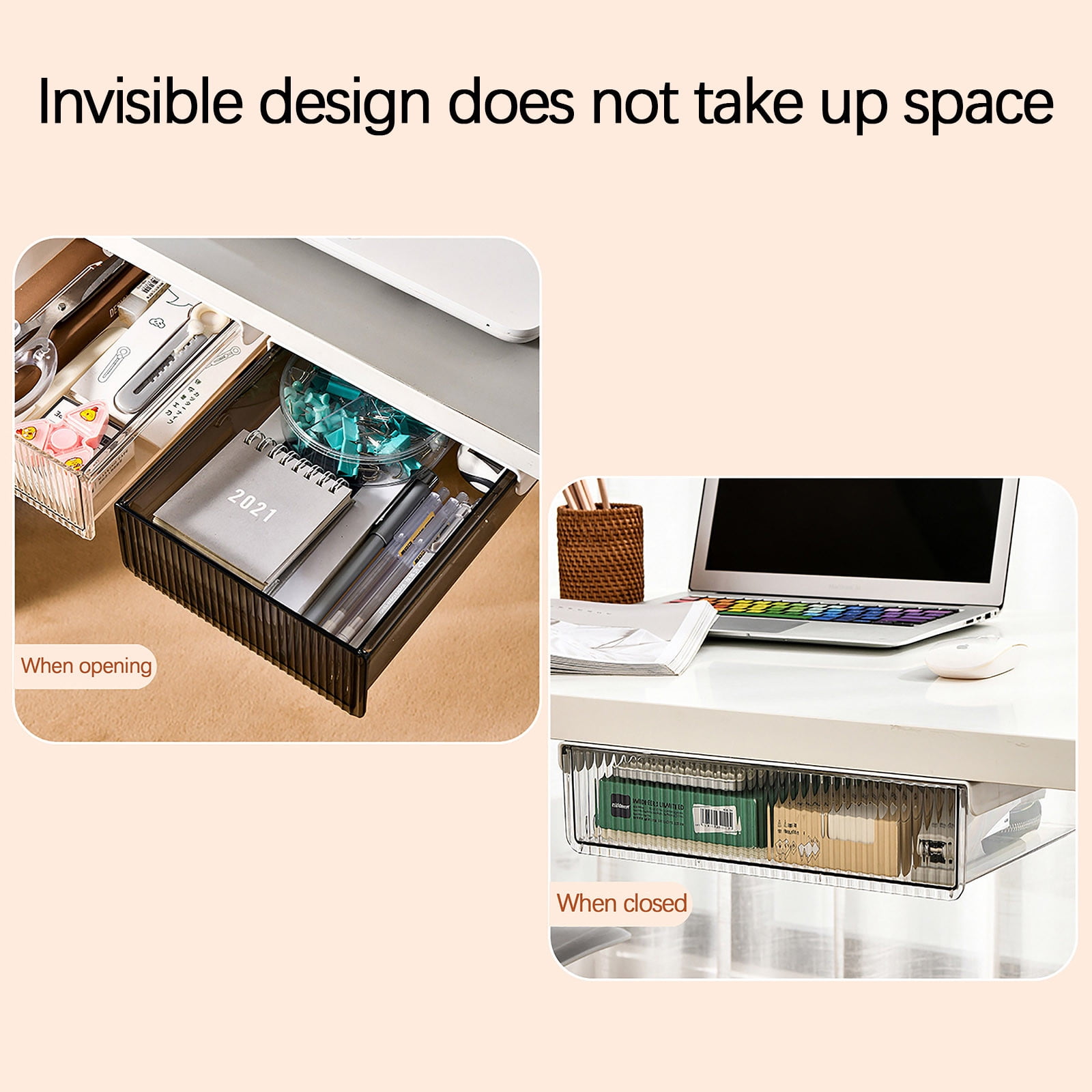 Wovilon Under Desk Drawer Organizer, Self-Adhesive Under Desk Storage Slide Out Drawer, Hidden Attachment Plastic Workspace Organizers For Office Home Stationery