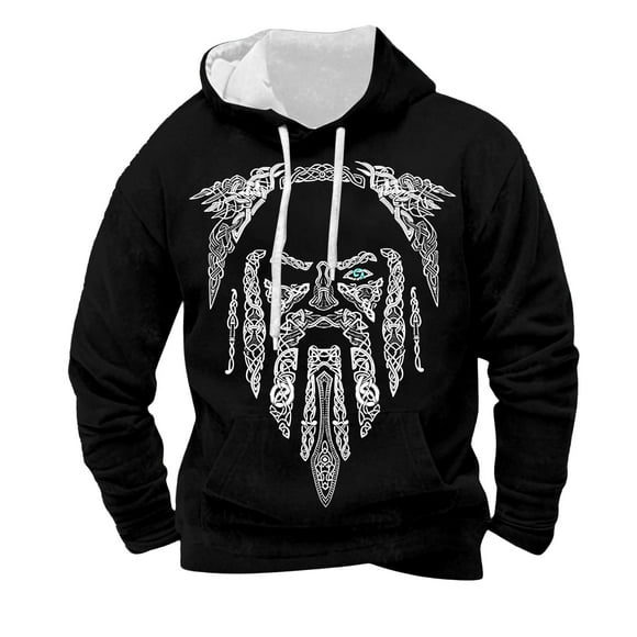 LUOGENLI Hoodies for Men Graphic Funny European Norse Mythology Hooded Retro Casual Printed Hooded Sweatshirt Mens Hoodies Blanket Black Size XXXL