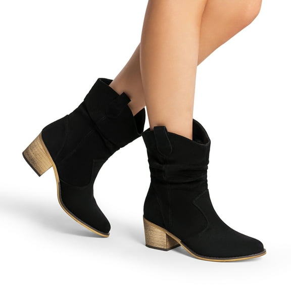 Women's Chunky Heel Cowgirl Boots - Mid Calf Round Toe Western Ankle Boots