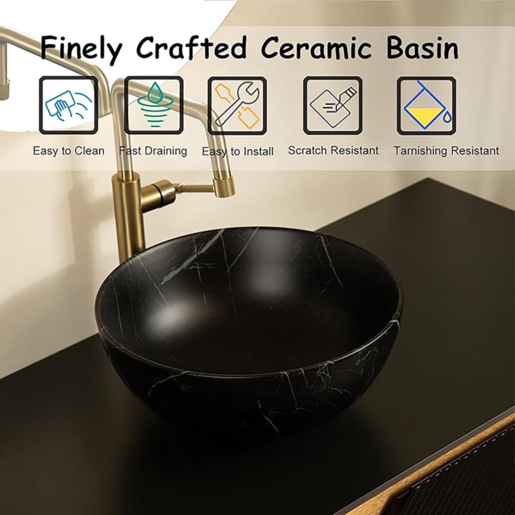 Wohh 14 Inch Bowl Shape Bathroom Sink with Marble Pattern, Small Black Ceramic Integrated Countertop Vessel Sink, 14.17 x 5.51 Inch Durable Porcelain Vanity Basin for Vanity Storage Cabinet Use