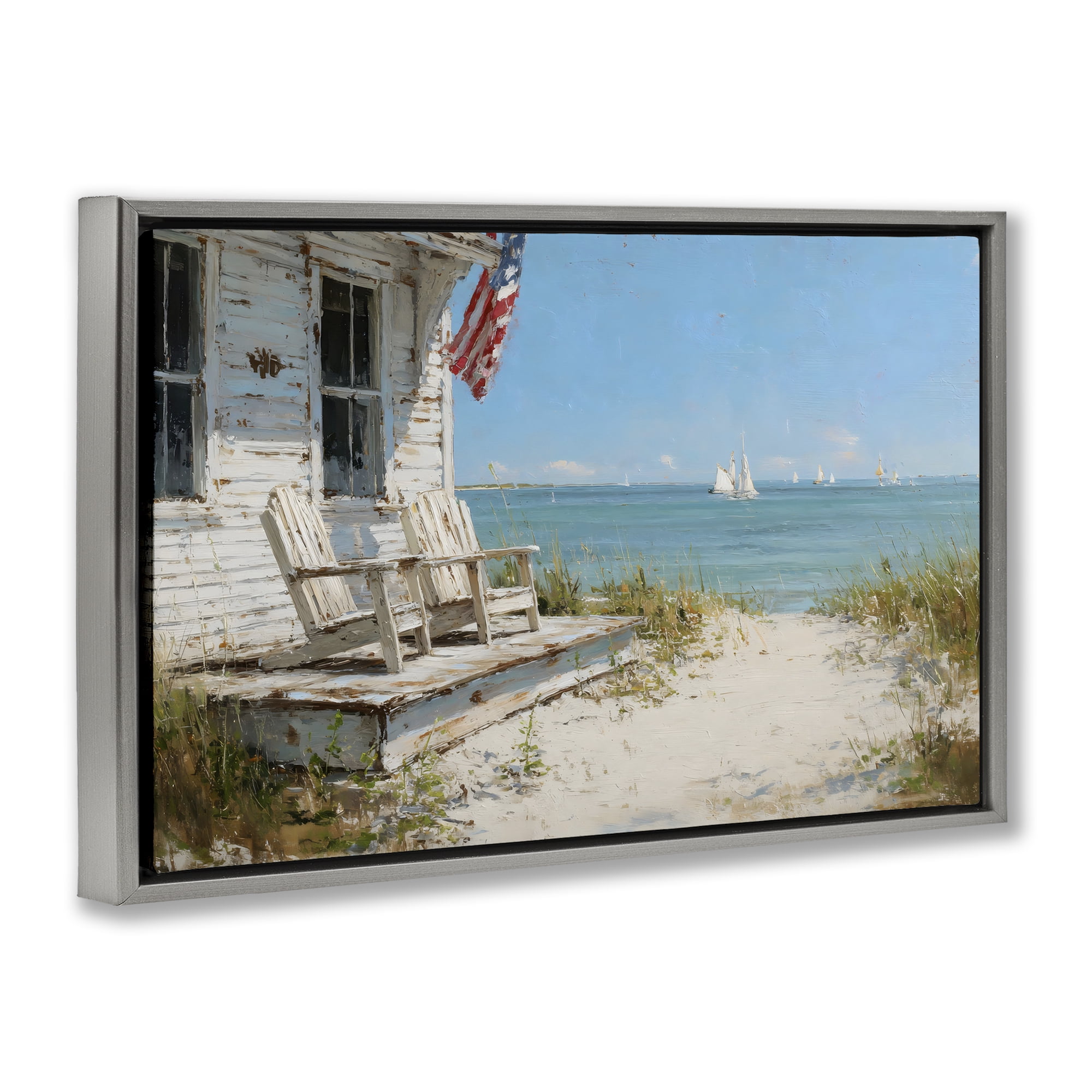 Stupell Industries By The Ocean Cottage Retreat Gray Framed Floater Canvas Wall Art, design by Petal Prints Design