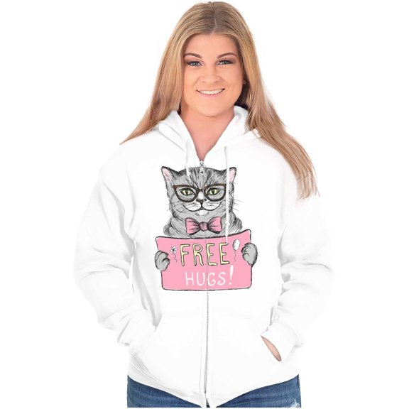 Cat Wearing Glasses Bowtie Free Hugs Zip Hoodie Sweatshirt Women Brisco Brands S