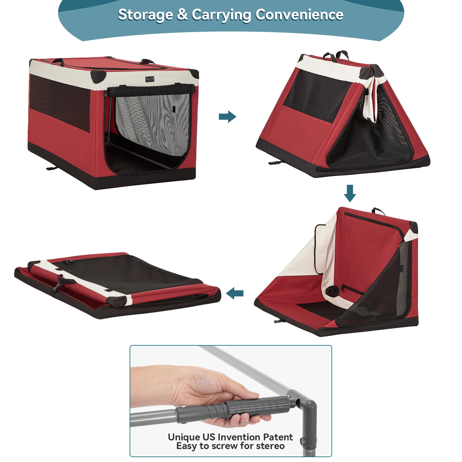 Petsfit 39.5 Inch Dog Kennel, Adjustable Fabric Cover by Spiral Iron Pipe, Chew Proof 3 Door Design, Soft Portable Dog Crate,Red